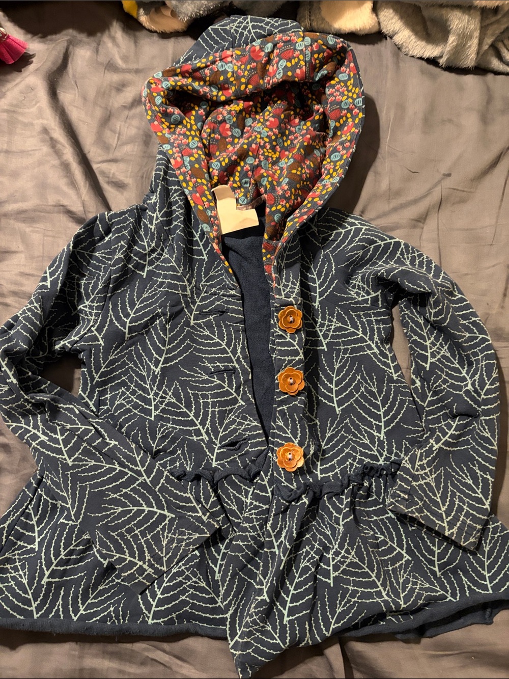 Matilda Jane Navy Leaf-Print Hooded Trench with Floral Lining